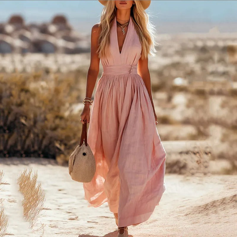 Women's Boho Halter Neck Sleeveless Linen Maxi Dress