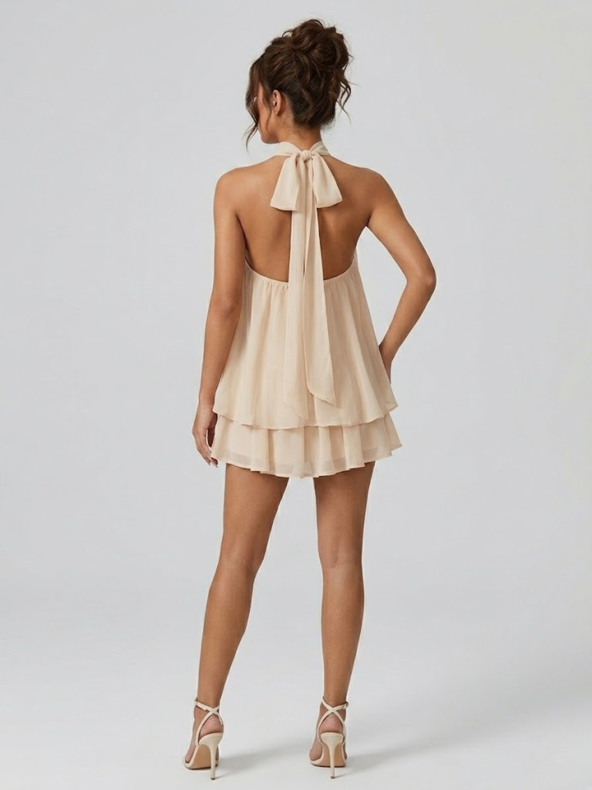 Women's Sleeveless Halter Neck Backless Tiered Ruffle Mini Dress