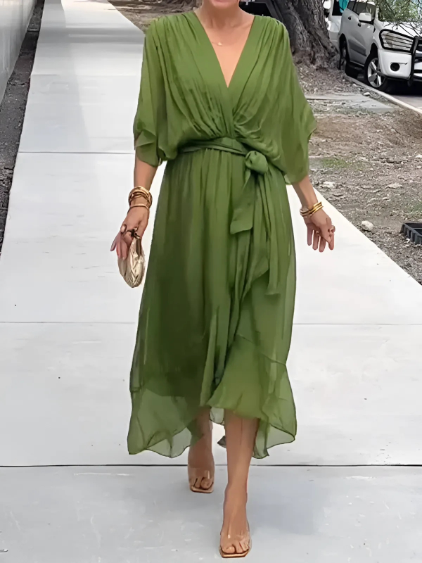 Women's Wrap V-Neck Midi Dress with Flutter Sleeves and Tie Belt