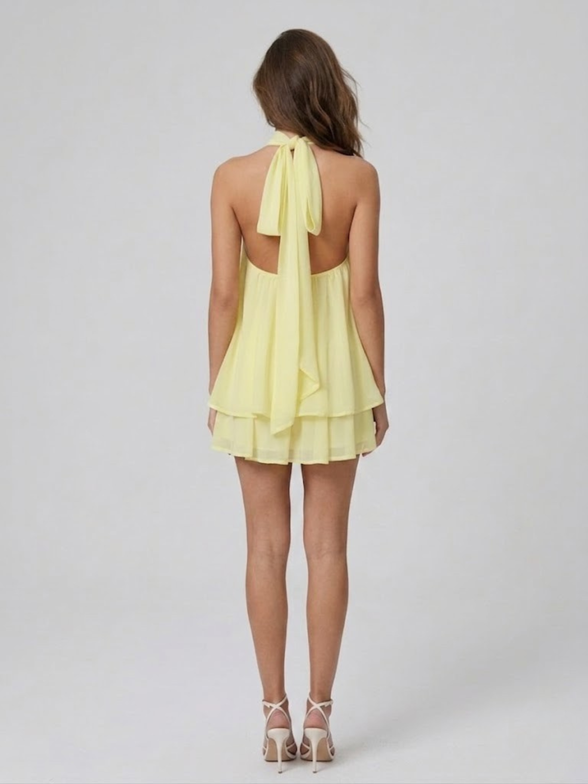 Women's Sleeveless Halter Neck Backless Tiered Ruffle Mini Dress