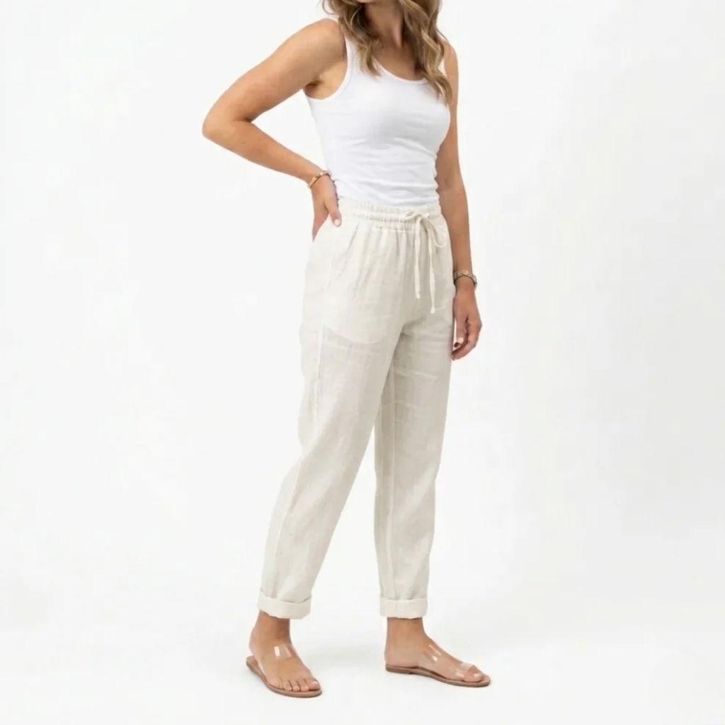 Women’s Cropped Elastic Waist Trousers - Soft Textured Linen