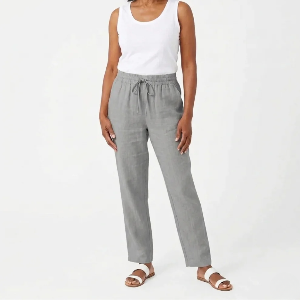 Women’s Cropped Elastic Waist Trousers - Soft Textured Linen