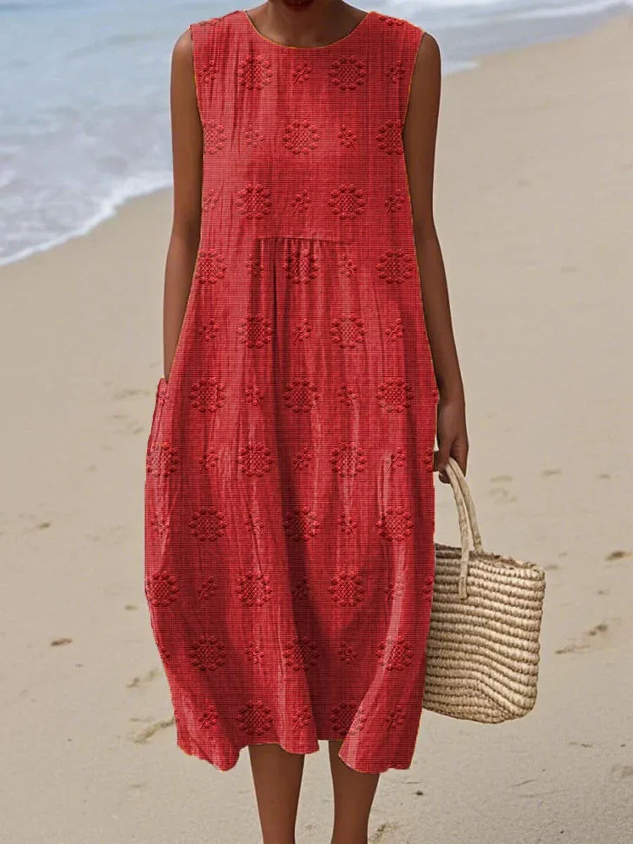 Women's Sleeveless Textured Midi Dress with Pockets