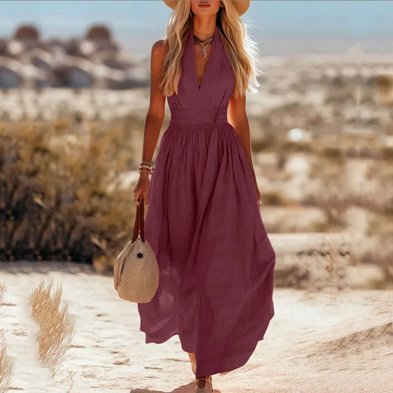 Women's Boho Halter Neck Sleeveless Linen Maxi Dress