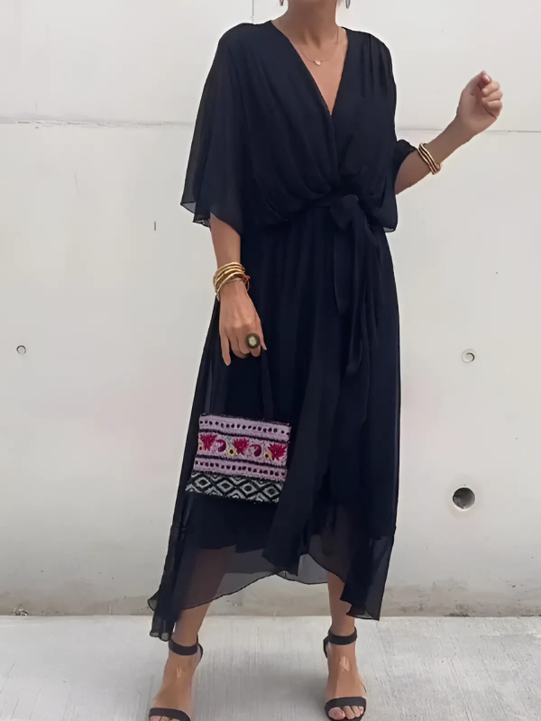 Women's Wrap V-Neck Midi Dress with Flutter Sleeves and Tie Belt