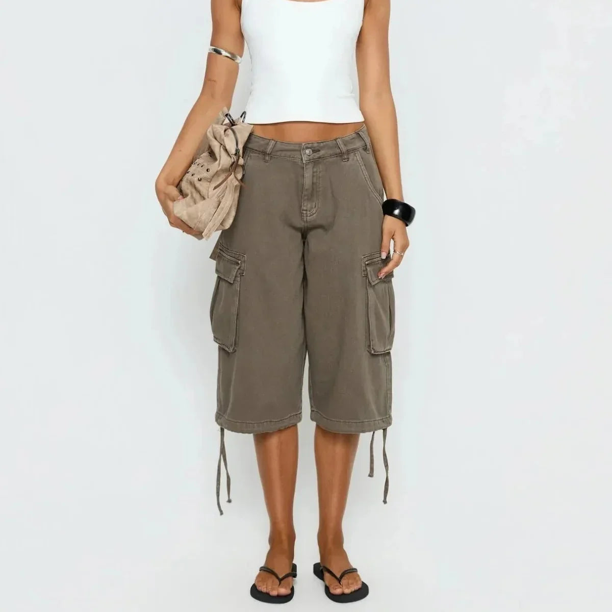 Women's Longline Cargo Shorts - Camo Print Wide-Leg Utility Style