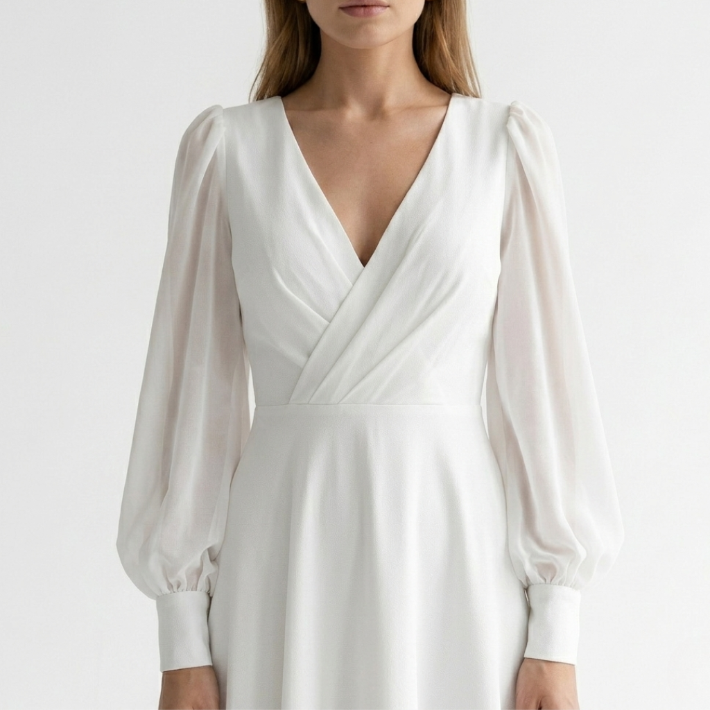 Women's White V-Neck Midi Dress - Wrap Style with Flared Hem