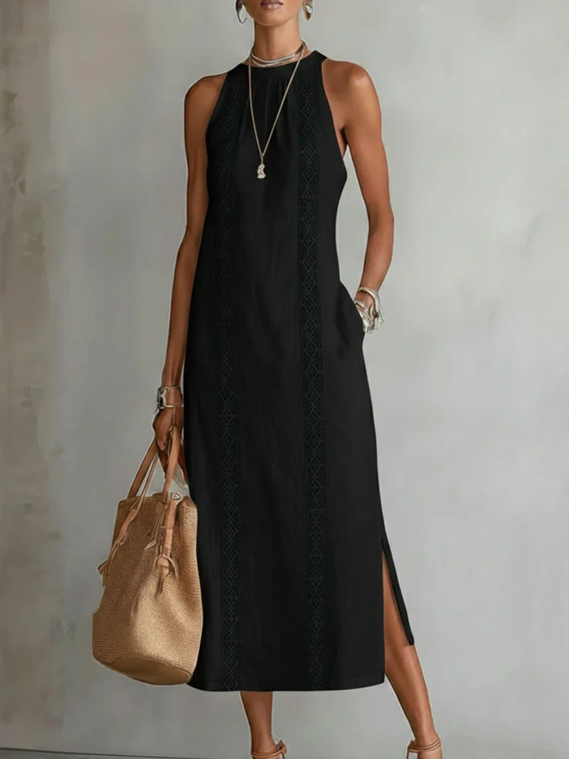 Women's Halter Neck Lace-Trim Midi Dress Sleeveless Side Split