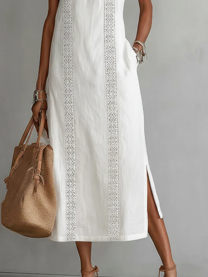 Women's Halter Neck Lace-Trim Midi Dress Sleeveless Side Split