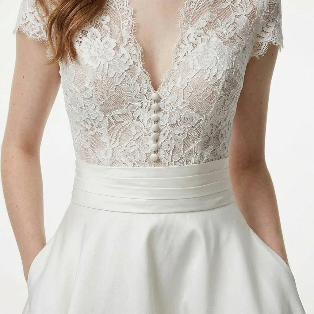Women's V-Neck A-Line White Midi Dress - Smooth Skirt with Pockets