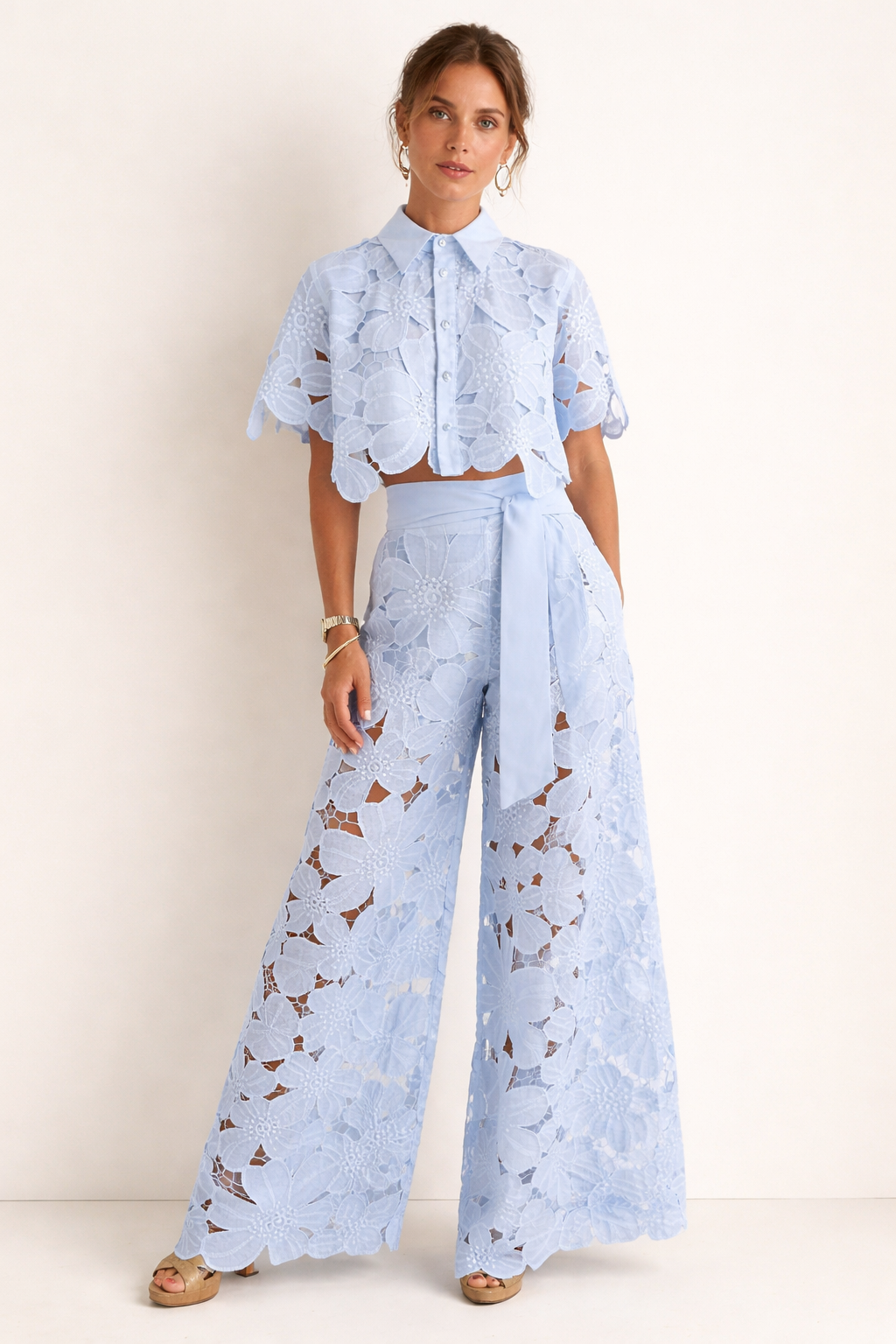 Women's Cropped Floral Lace Blouse Shirt Collar Short Sleeve