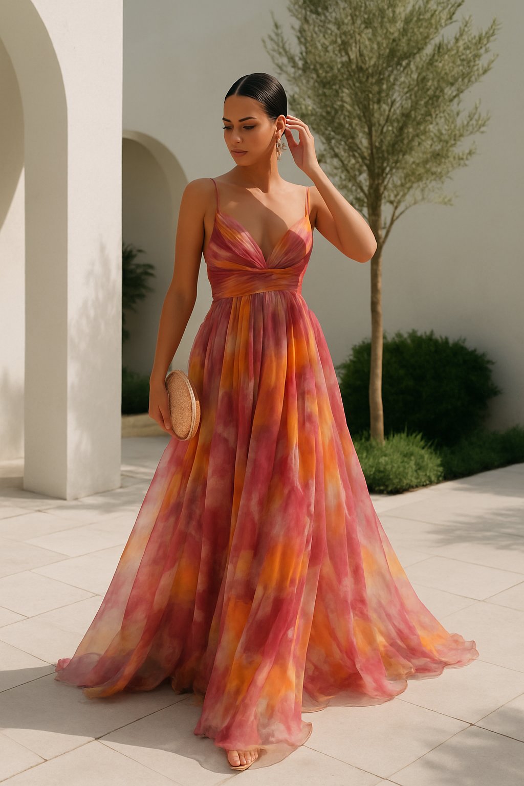 Women's Multicolour Maxi Dress - Thin Strap V-Neck Evening Gown