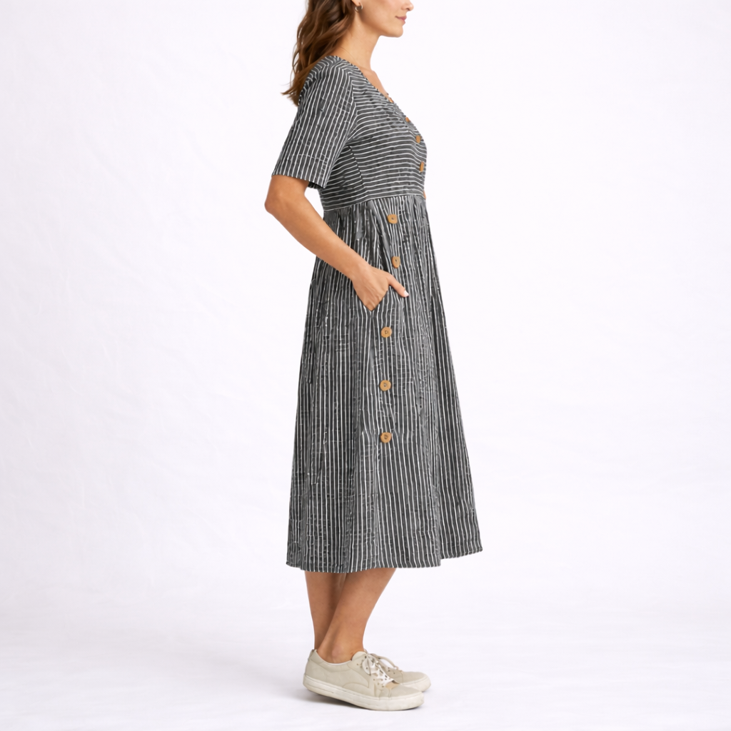 Women's Striped Midi Dress - Round Neck with Button Trim and Pockets