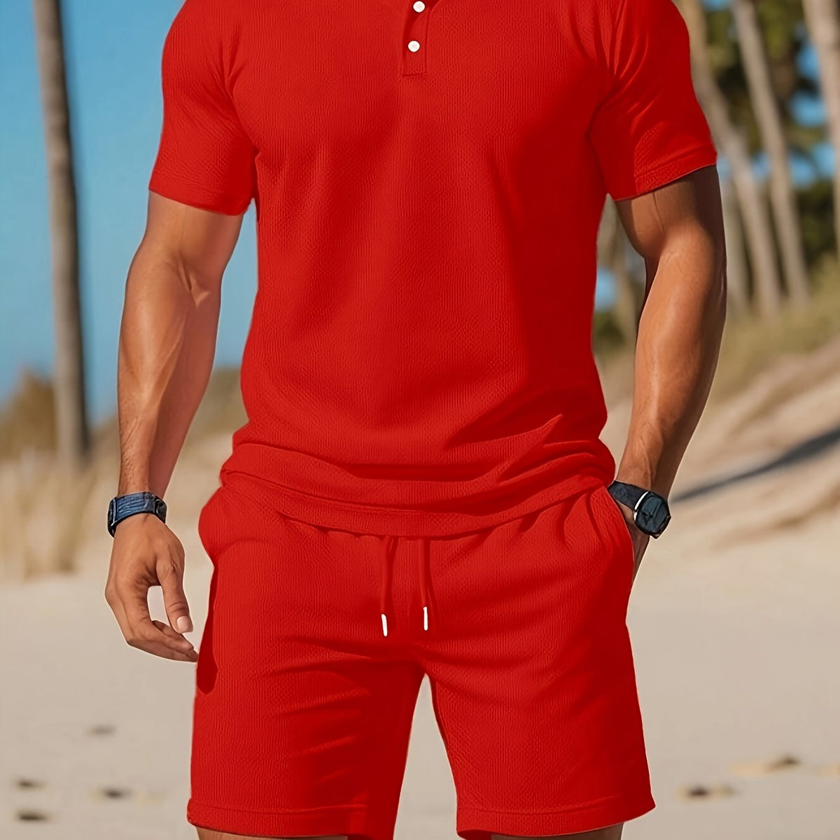 Men's 2-Piece Set - Button-Down Polo and Drawstring Shorts in Textured Mesh