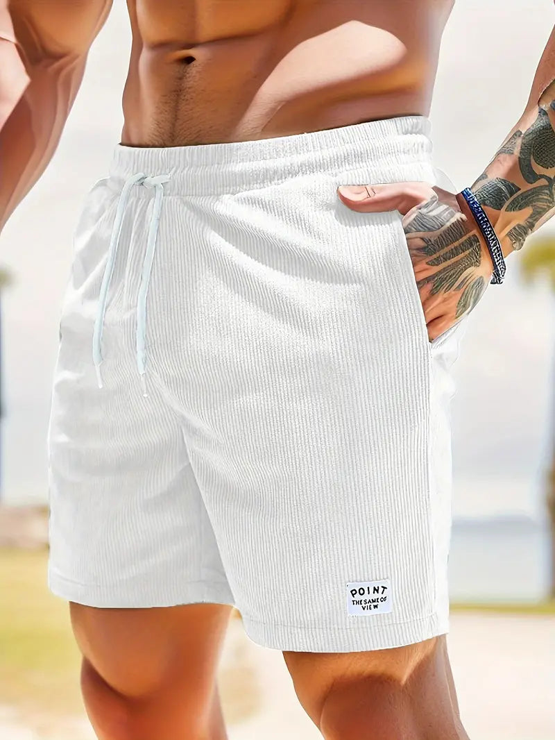 Men's Corduroy Shorts - Elasticated Drawstring Waist and Hem Patch Detail