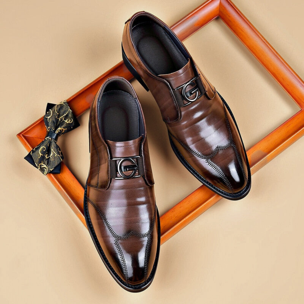 Men's Leather Monk Shoes - Metal Buckle Strap and Wingtip Detail
