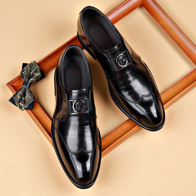 Men's Leather Monk Shoes - Metal Buckle Strap and Wingtip Detail