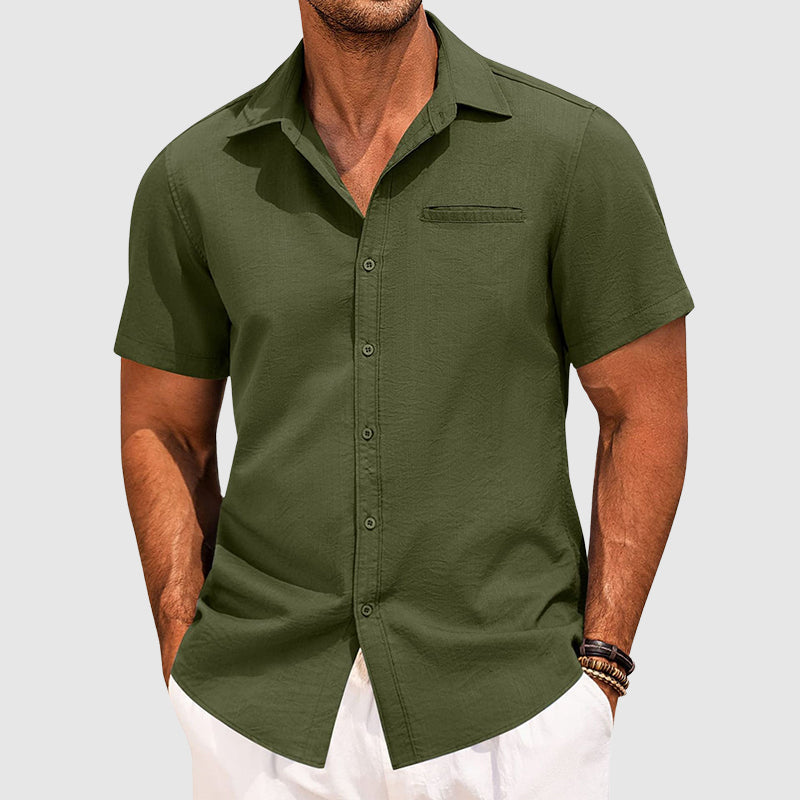 Men’s Short Sleeve Shirt Spread Collar Casual Chest Pocket