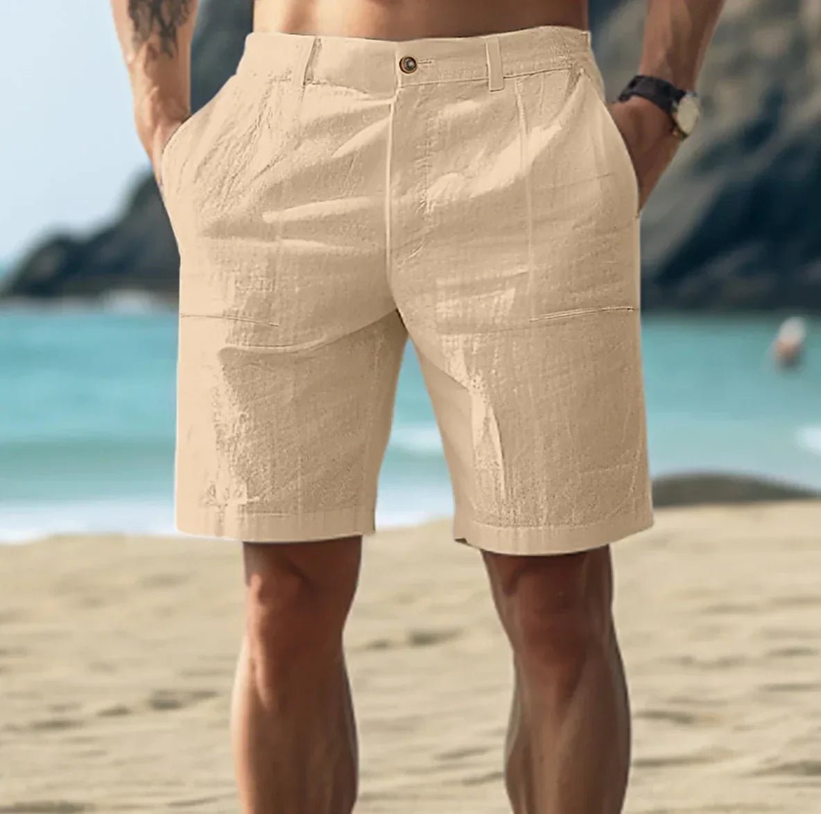 Men's Linen Shorts - Button Fastening and Side Pockets
