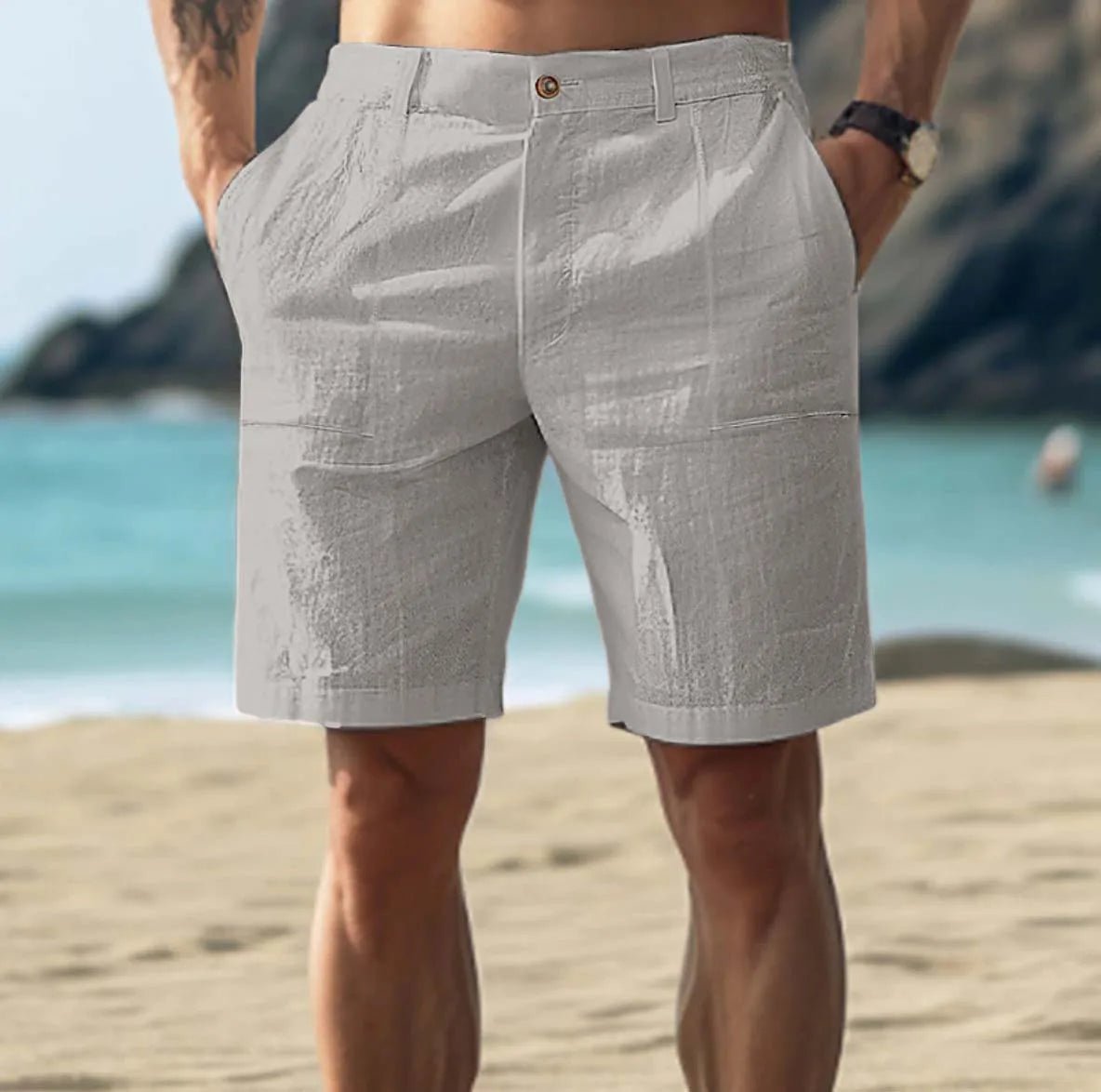 Men's Linen Shorts - Button Fastening and Side Pockets