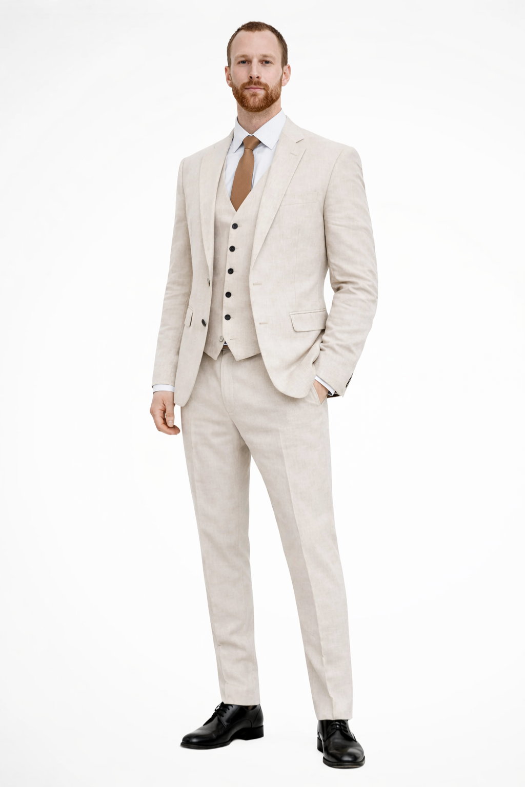 Men's Linen Three-Piece Suit - Tailored Fit with Single-Breasted Jacket and Waistcoat