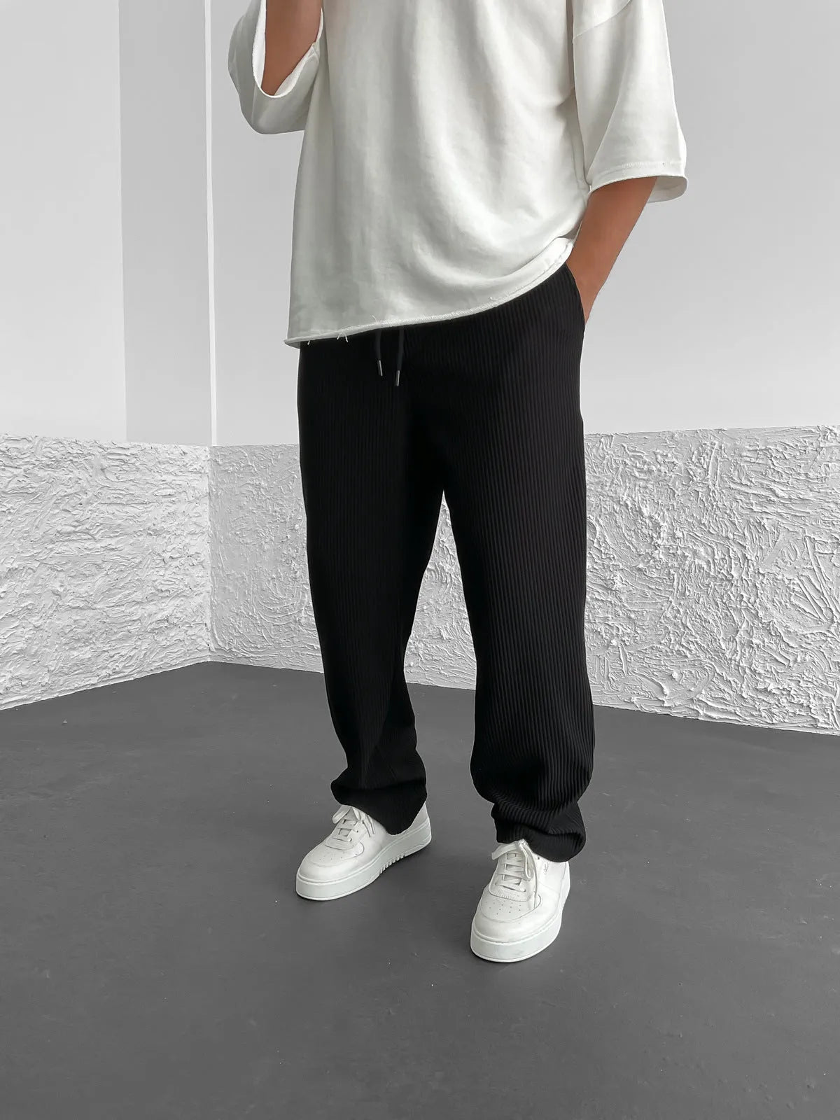 Men's Relaxed Fit Straight Leg Trousers - Ribbed Texture
