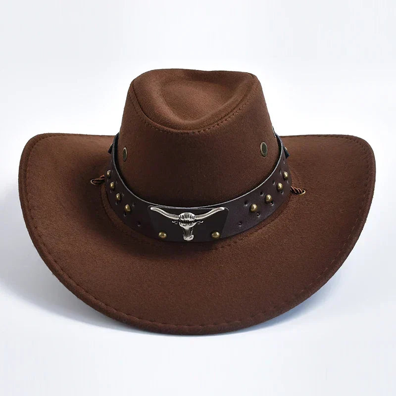 Men's Wide Brim Western Cowboy Hat Bull Emblem and Studded Detail