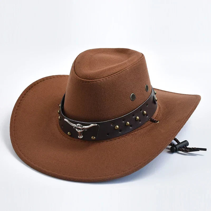 Men's Wide Brim Western Cowboy Hat Bull Emblem and Studded Detail