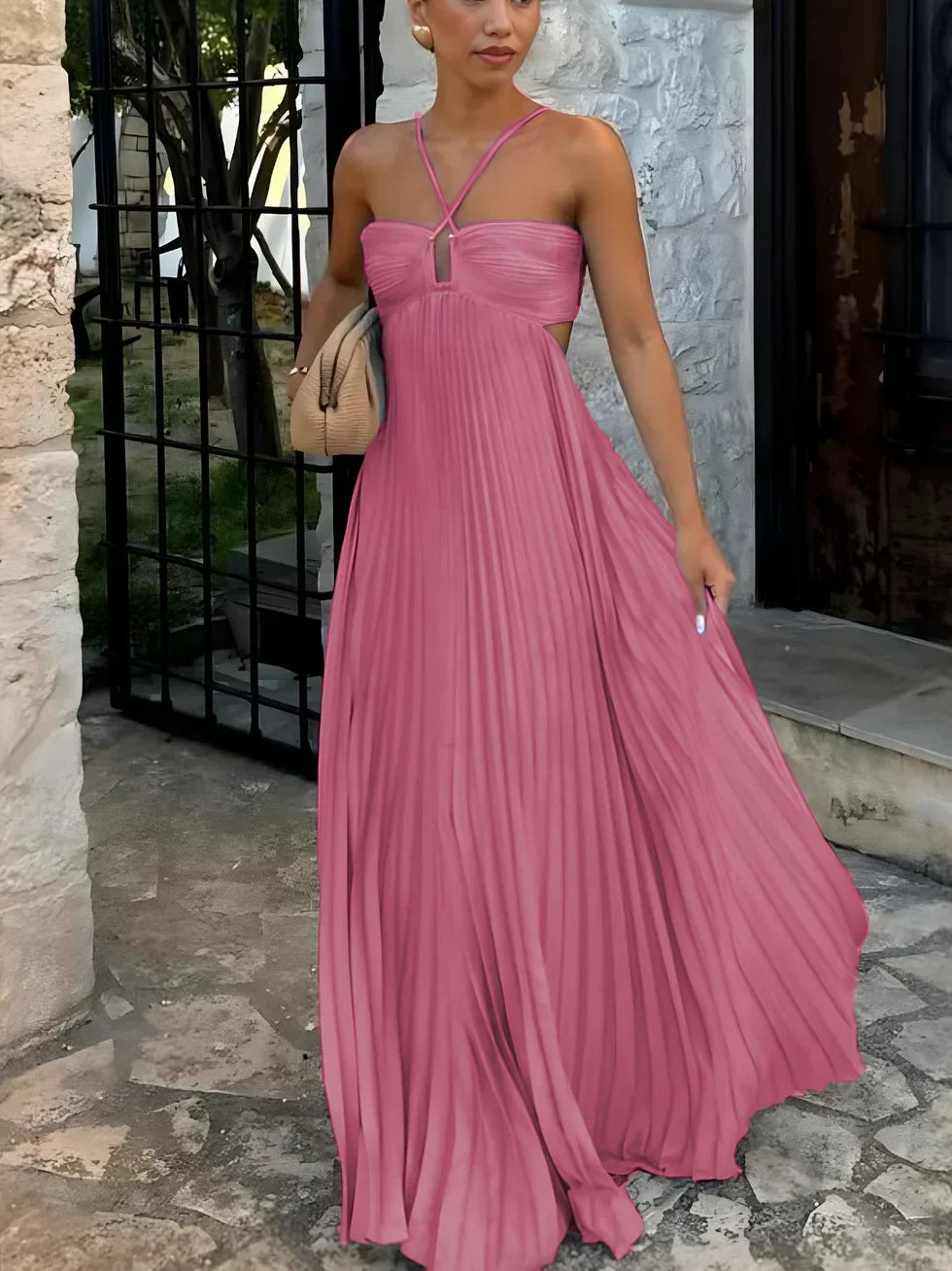 Women's Pleated Halter Neck Maxi Dress - High-Waisted Side Cut-Out Design