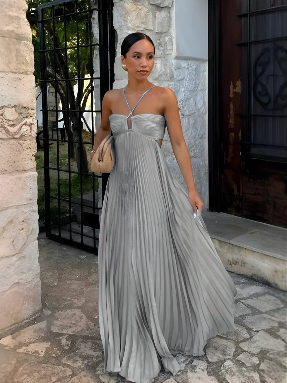 Women's Pleated Halter Neck Maxi Dress - High-Waisted Side Cut-Out Design