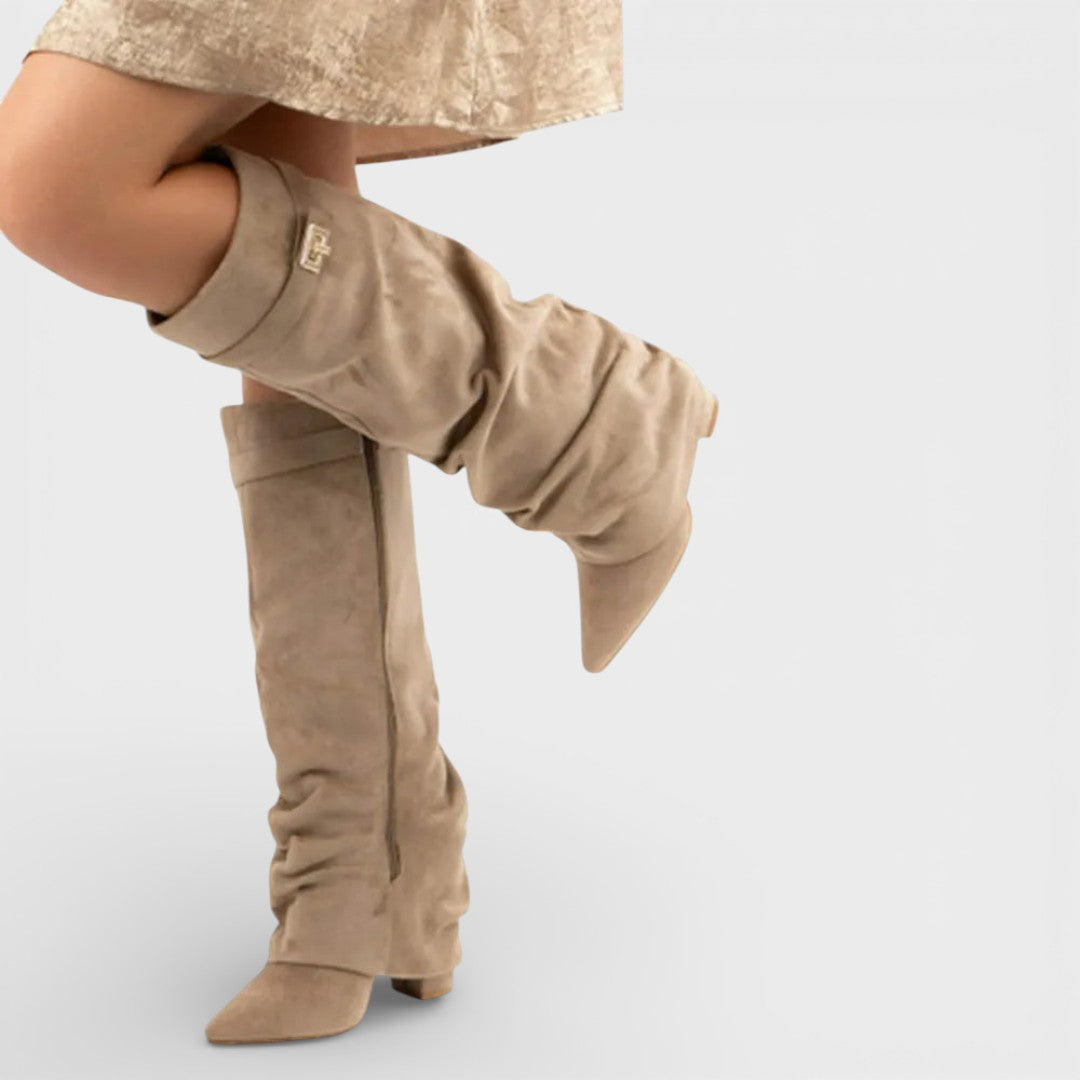 Women's Ruched Knee-High Boots Pointed Toe Side Buckle