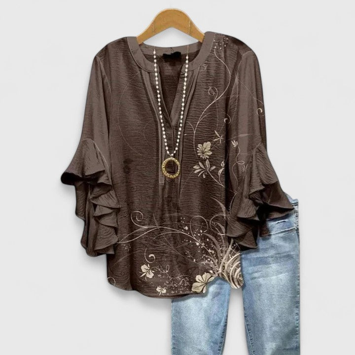 Women Printed Top Ruffle Sleeve Casual Patterned