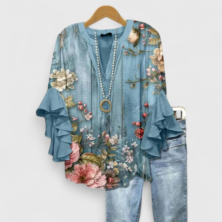 Women Printed Top Ruffle Sleeve Casual Patterned