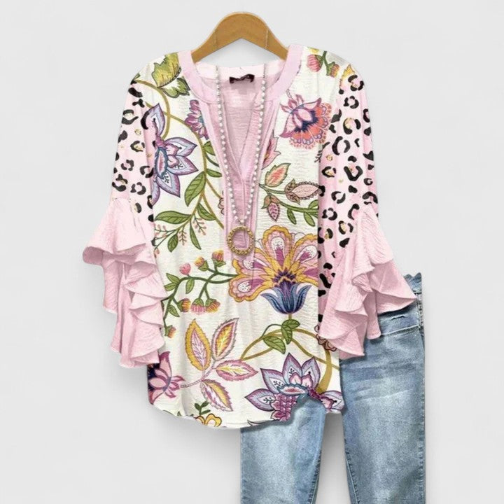 Women Printed Top Ruffle Sleeve Casual Patterned