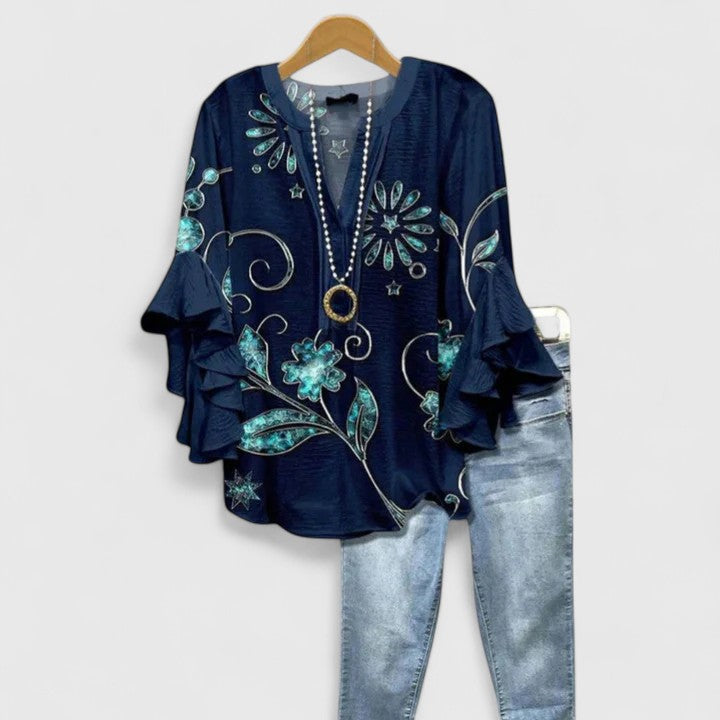 Women Printed Top Ruffle Sleeve Casual Patterned