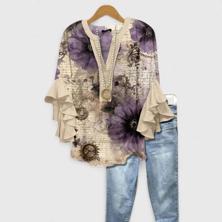 Women Printed Top Ruffle Sleeve Casual Patterned