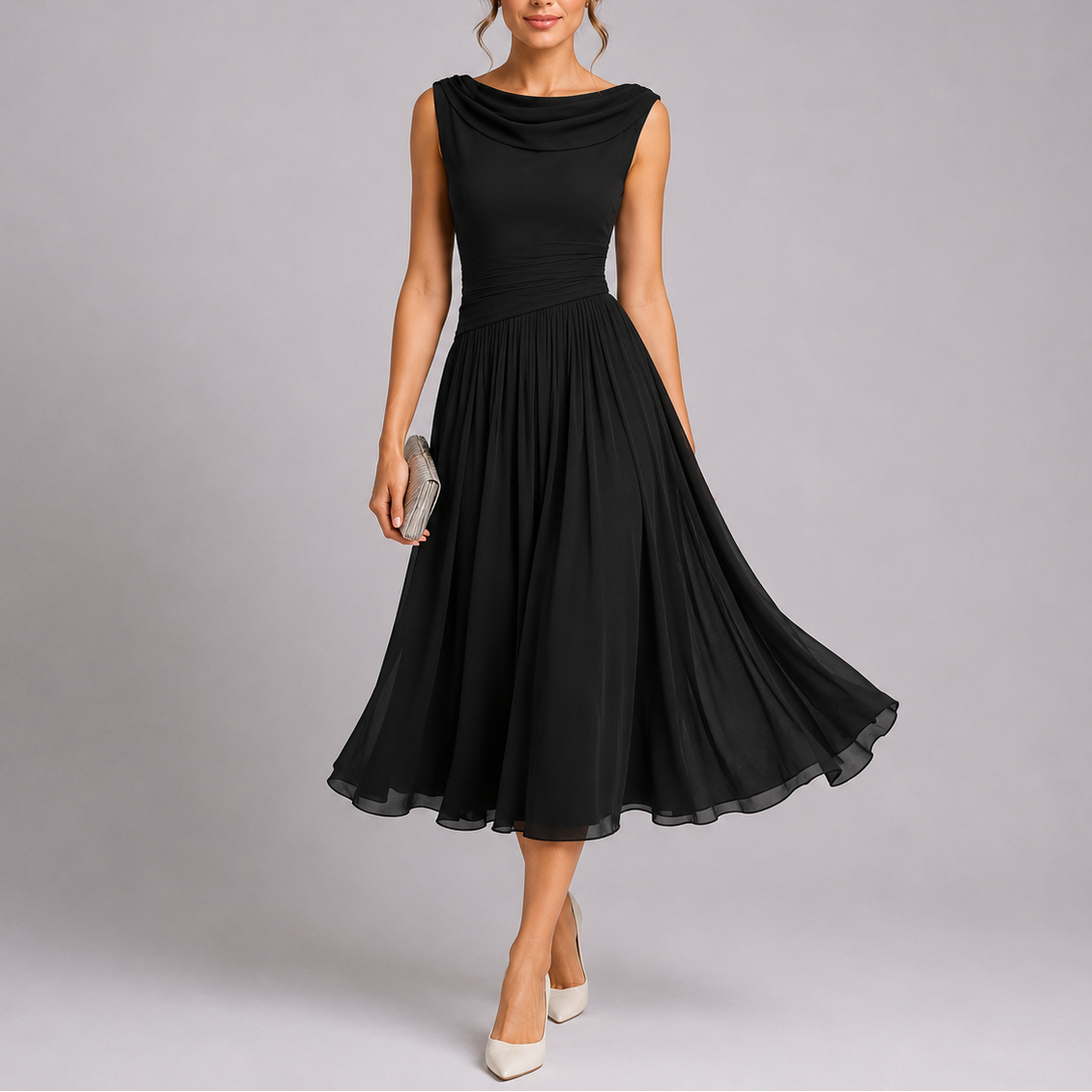 Women's Draped Neckline Pleated Midi Dress - Elegant Occasion Wear