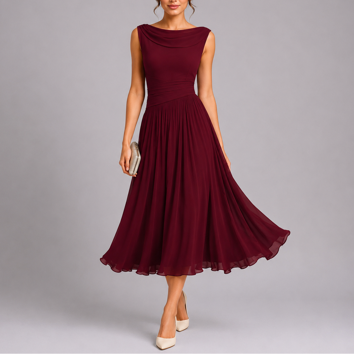 Women's Draped Neckline Pleated Midi Dress - Elegant Occasion Wear