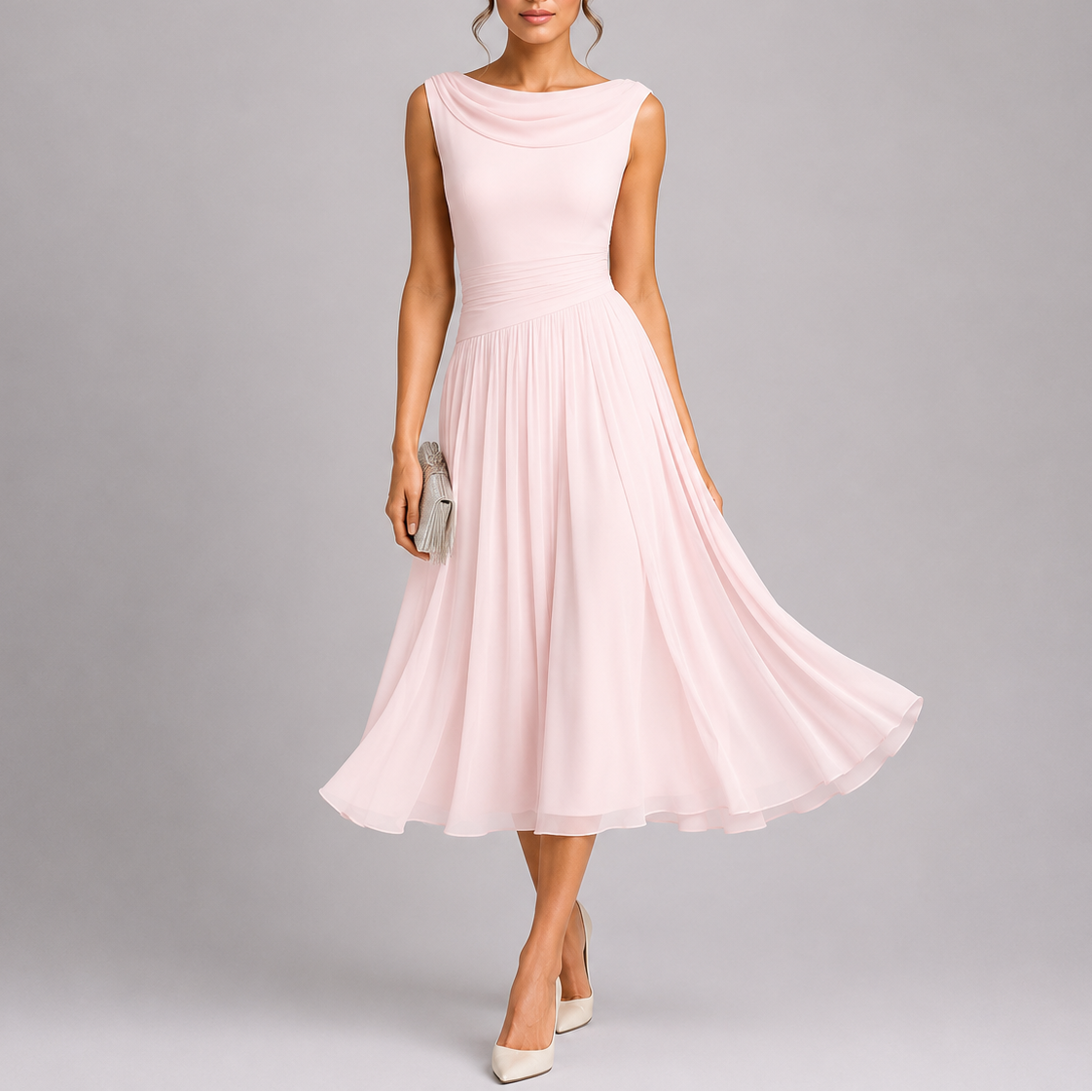 Women's Draped Neckline Pleated Midi Dress - Elegant Occasion Wear