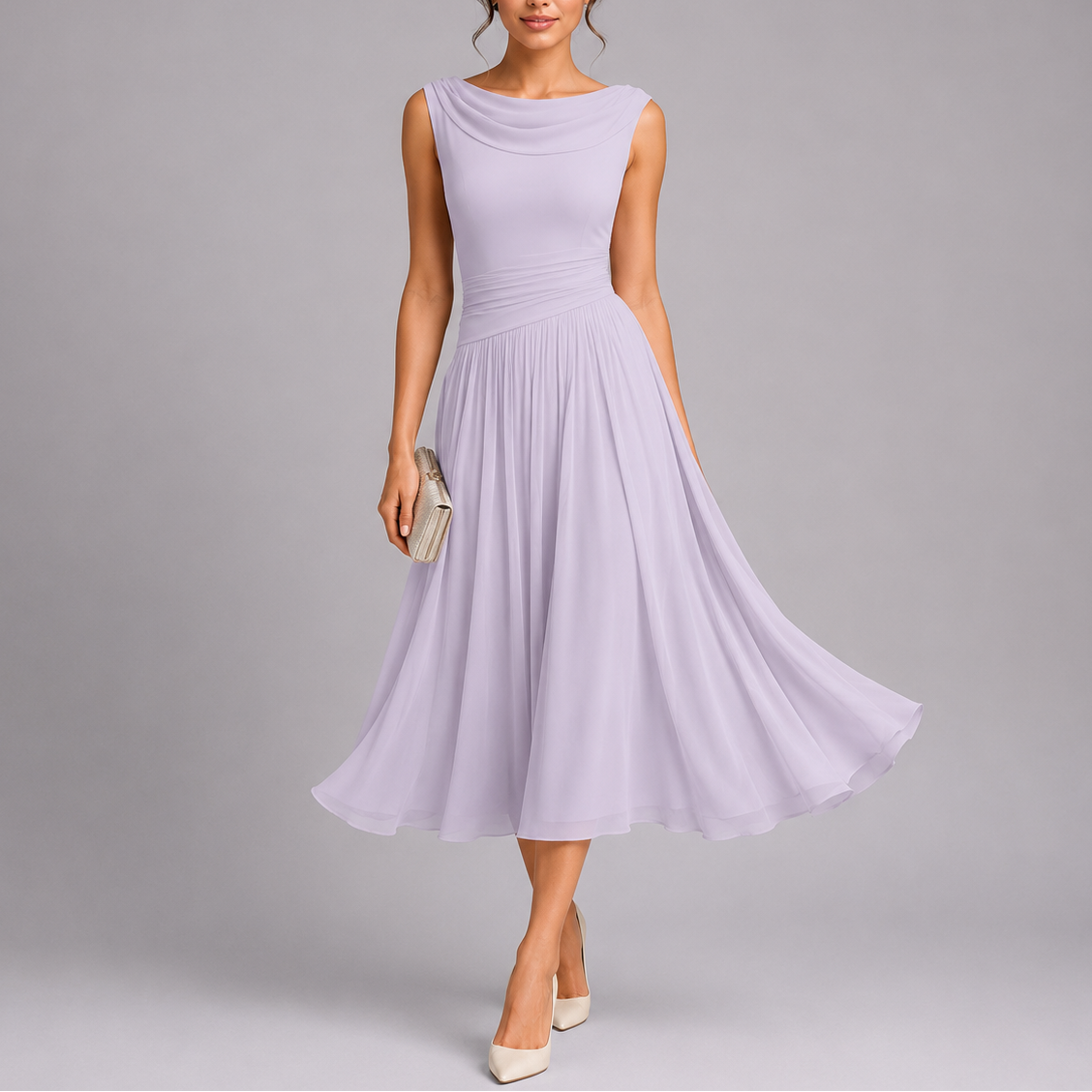 Women's Draped Neckline Pleated Midi Dress - Elegant Occasion Wear