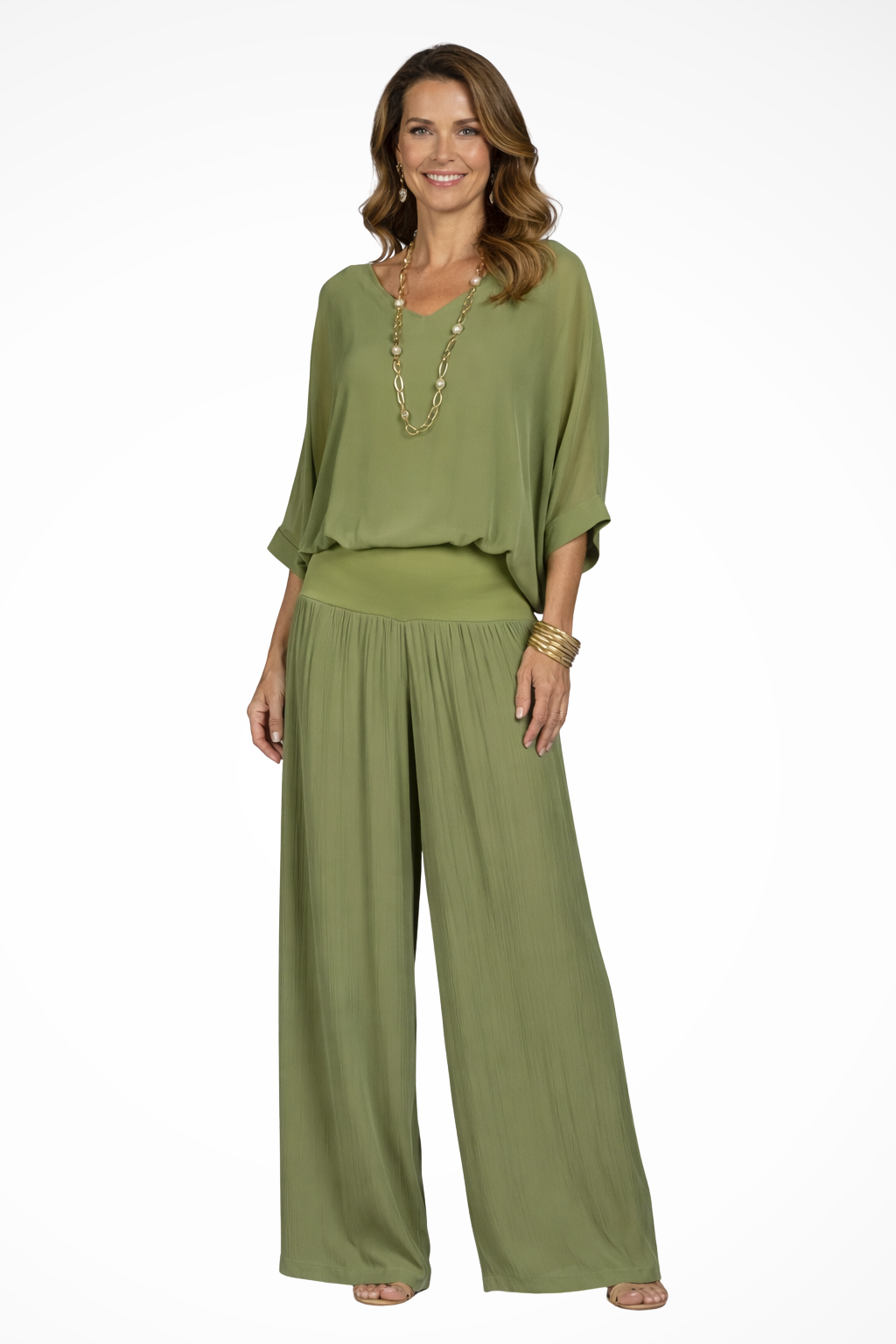 Women's 2-Piece Set - Overlay V-Neck Top and Wide Leg Trousers