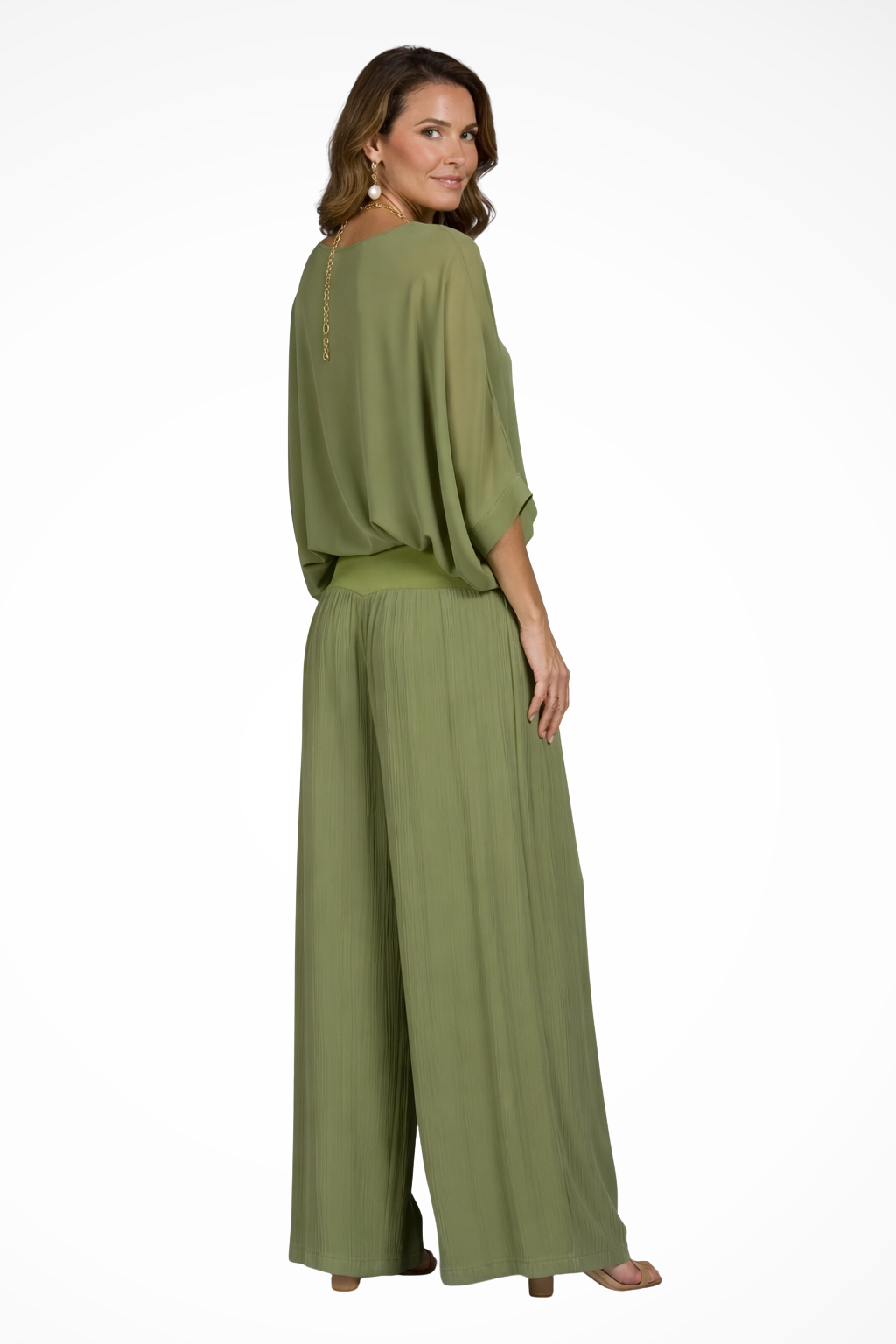 Women's 2-Piece Set - Overlay V-Neck Top and Wide Leg Trousers