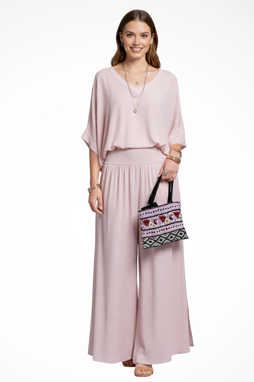 Women's 2-Piece Set - Overlay V-Neck Top and Wide Leg Trousers