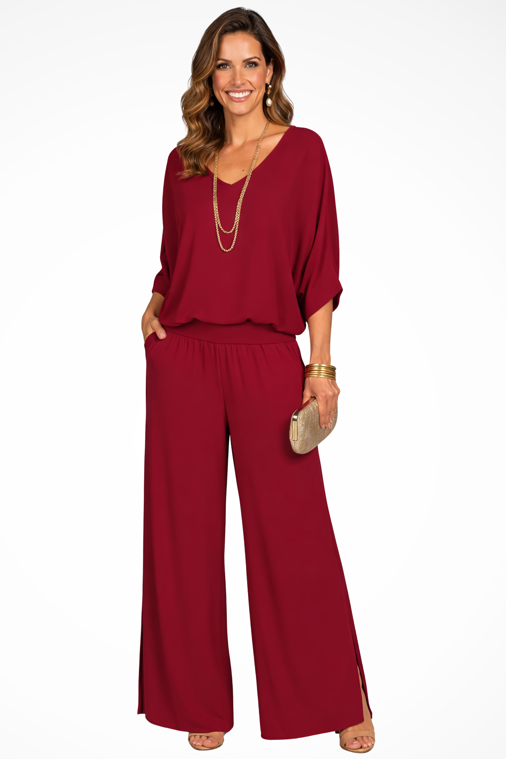 Women's 2-Piece Set - Overlay V-Neck Top and Wide Leg Trousers