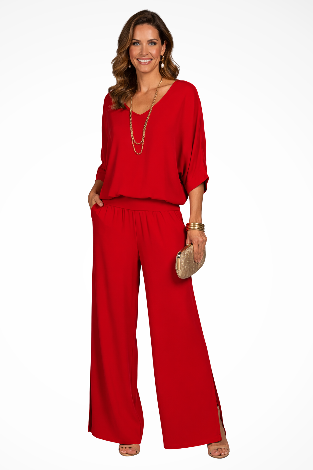 Women's 2-Piece Set - Overlay V-Neck Top and Wide Leg Trousers