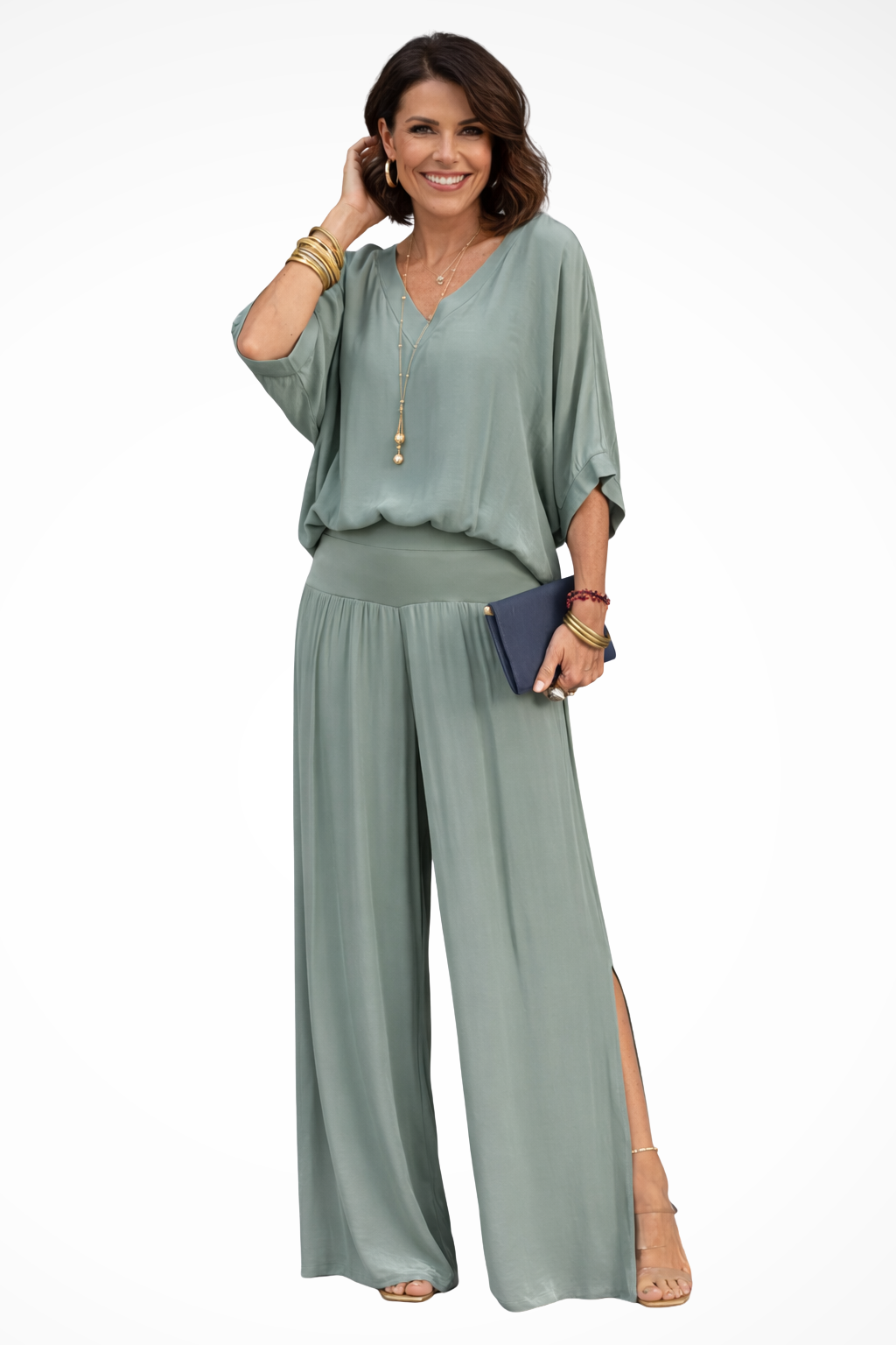Women's 2-Piece Set - Overlay V-Neck Top and Wide Leg Trousers