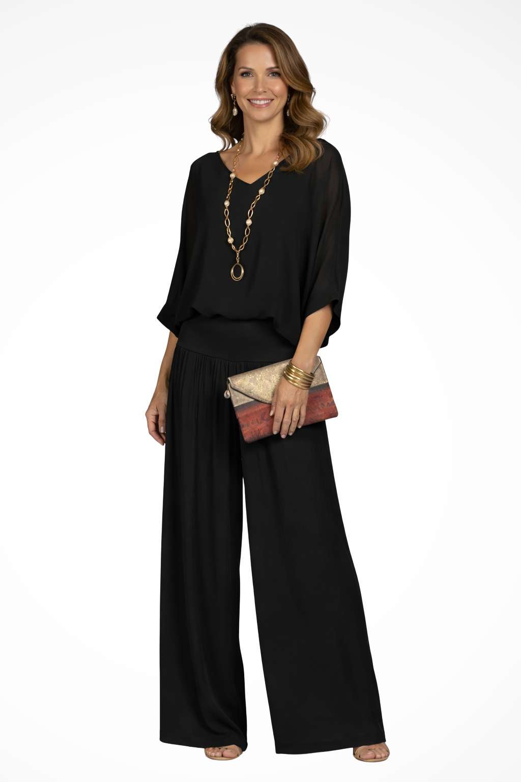 Women's 2-Piece Set - Overlay V-Neck Top and Wide Leg Trousers