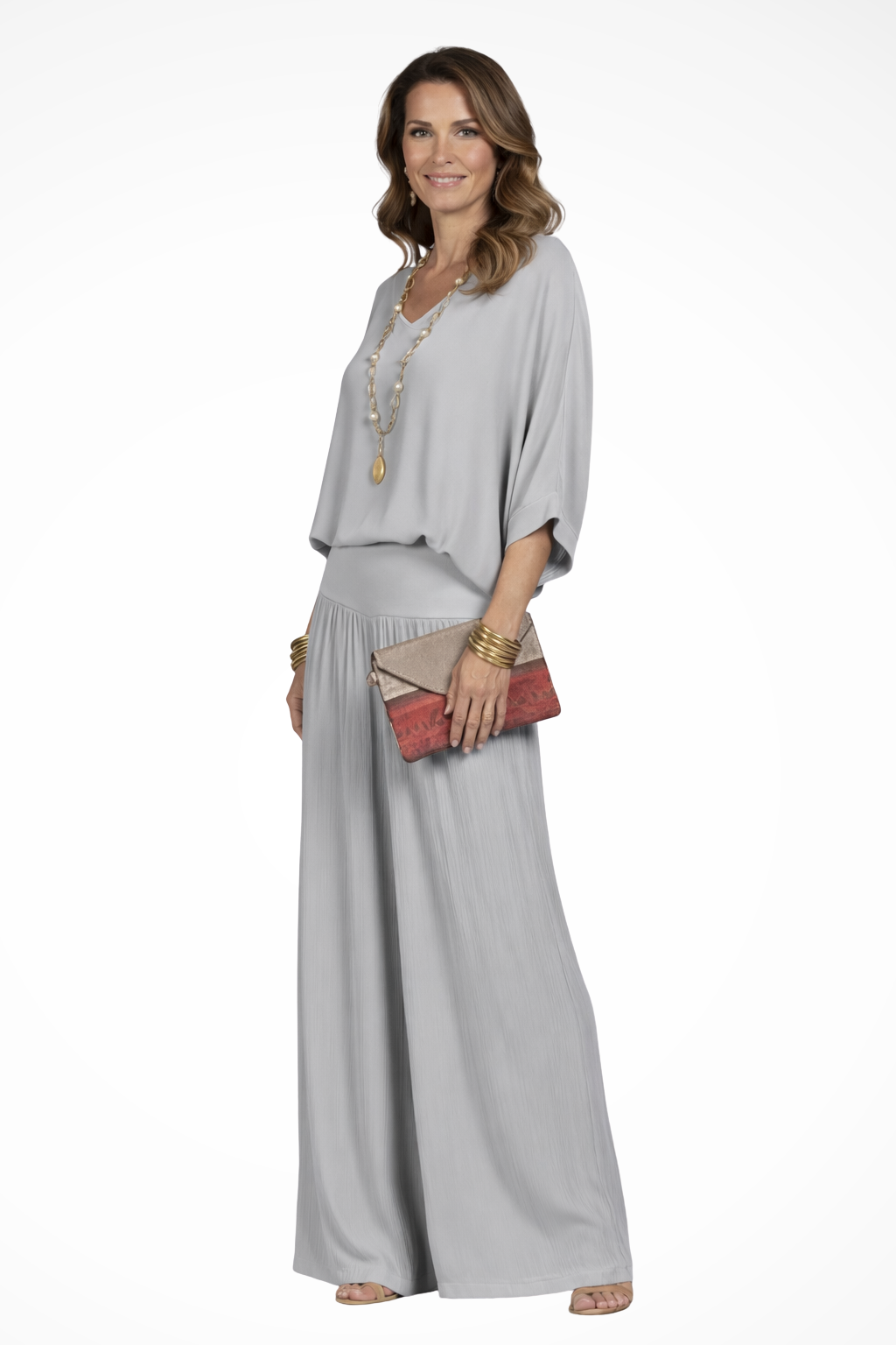 Women's 2-Piece Set - Overlay V-Neck Top and Wide Leg Trousers