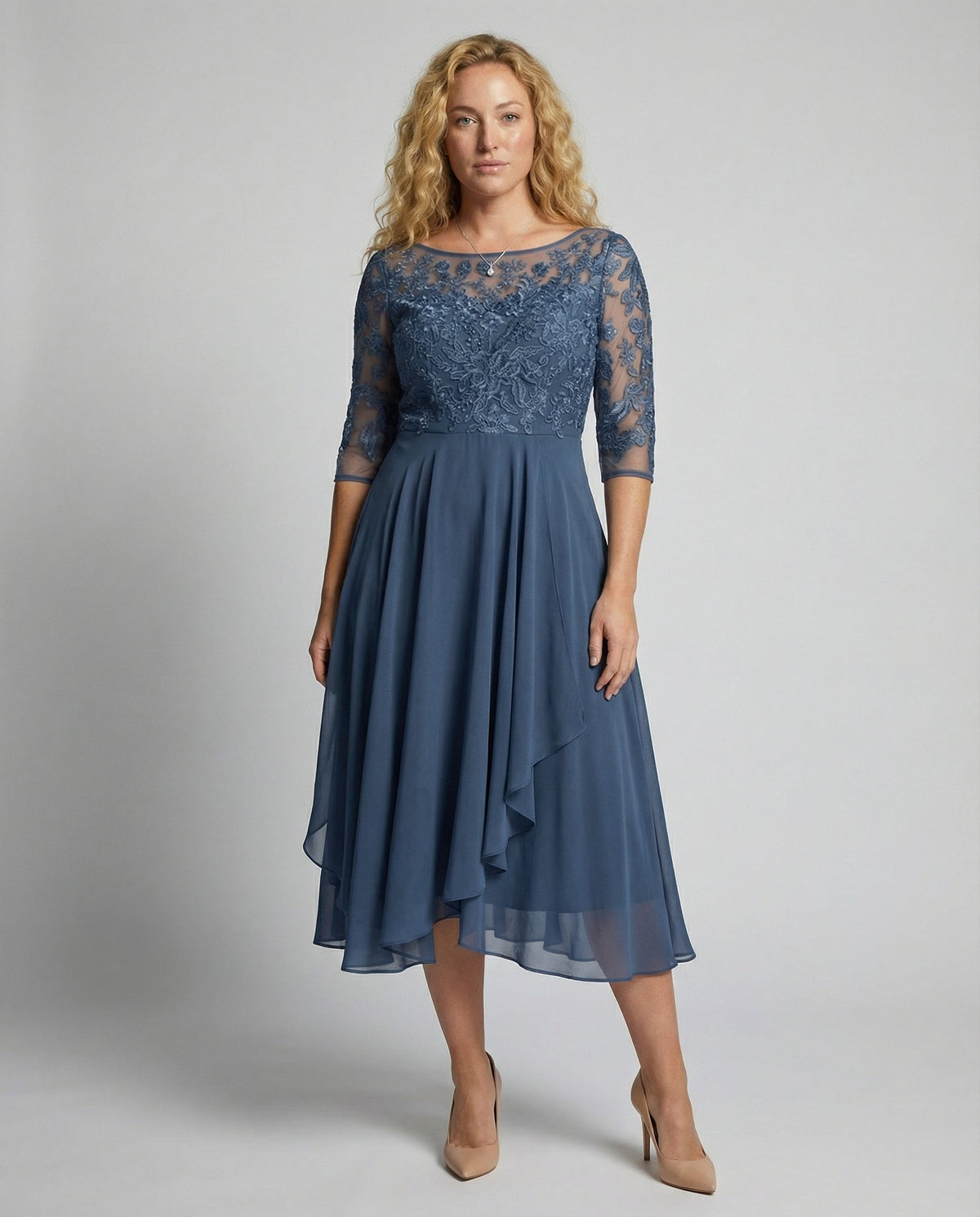 Women's 3/4 Sleeve Embroidered Midi Dress - Layered Skirt