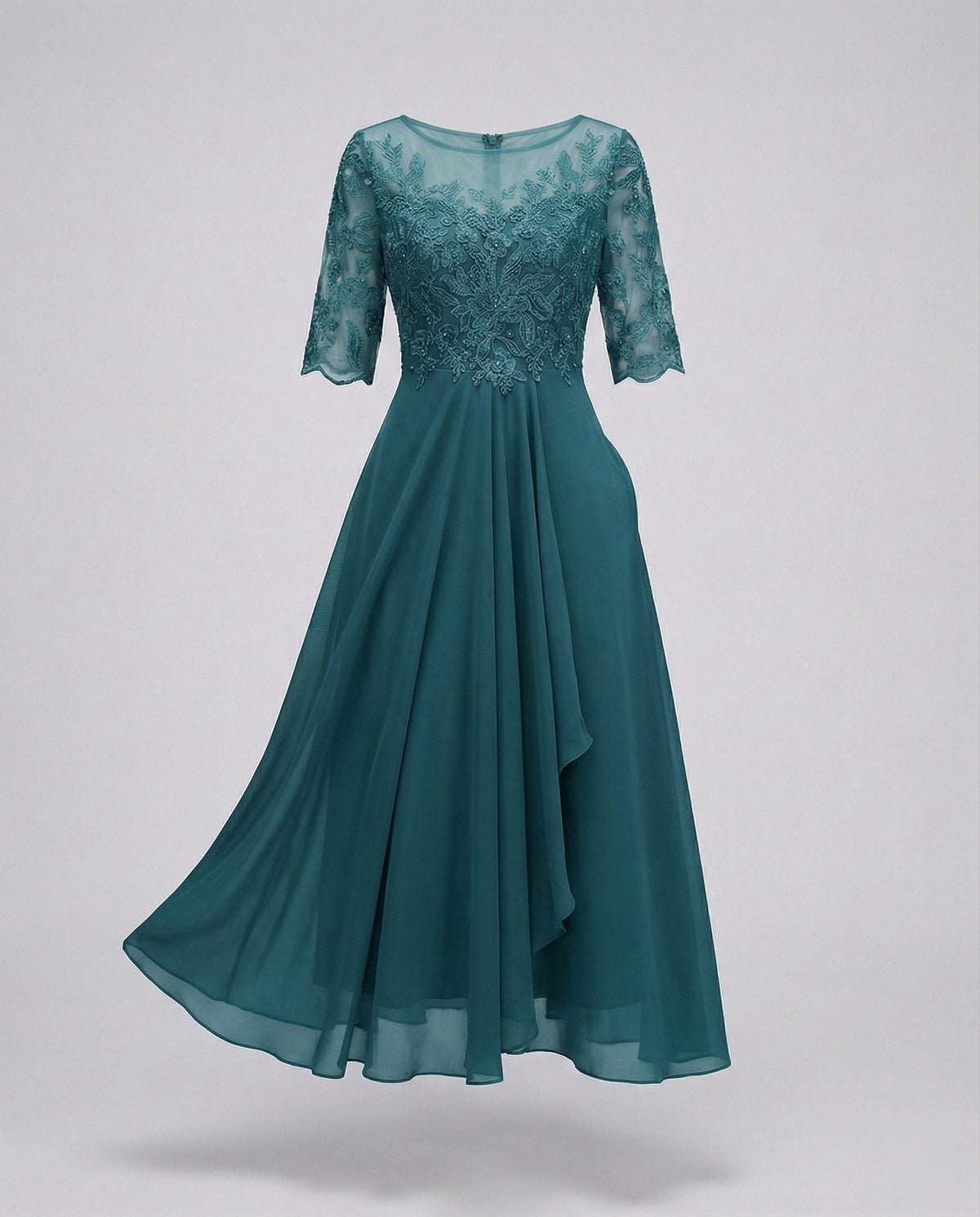Women's 3/4 Sleeve Embroidered Midi Dress - Layered Skirt